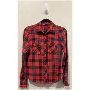 BDG Red Navy Plaid Long Sleeve Button Down Shirt